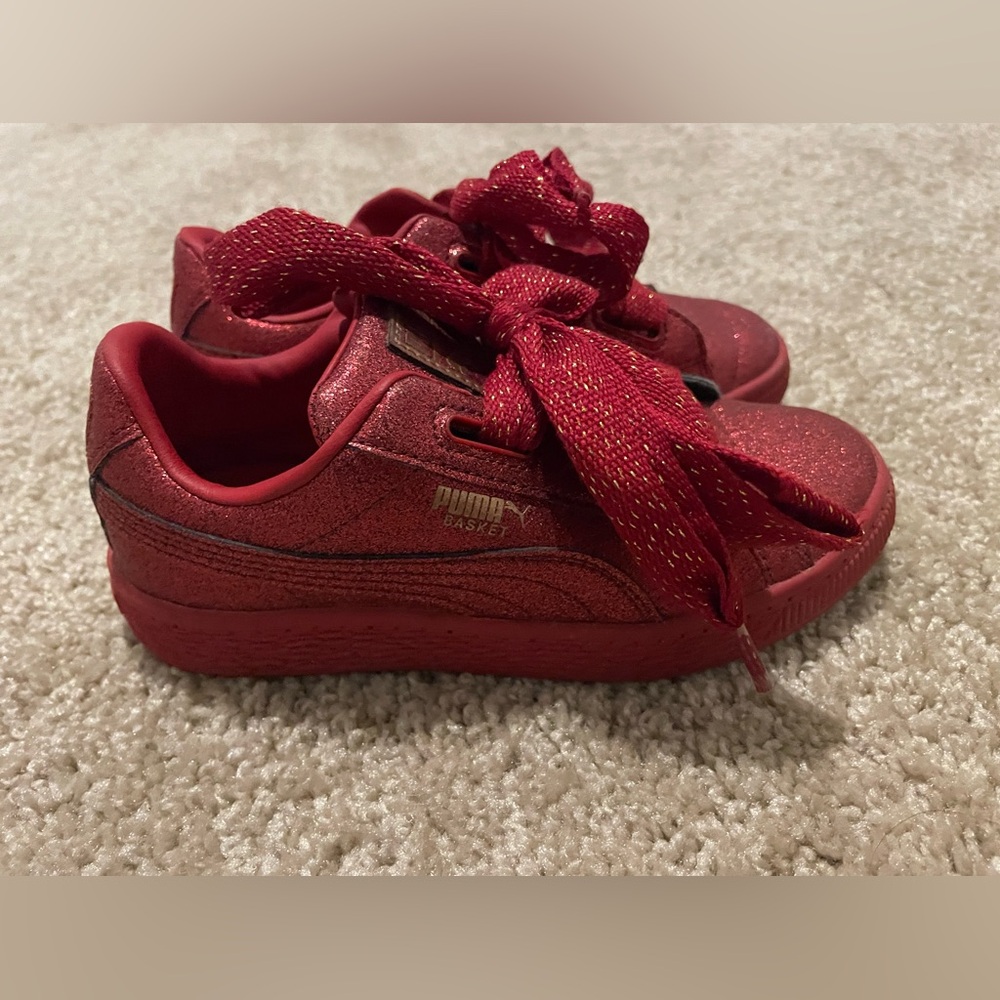 PUMA Kids' Red Glitter Suede Basket Sneaker